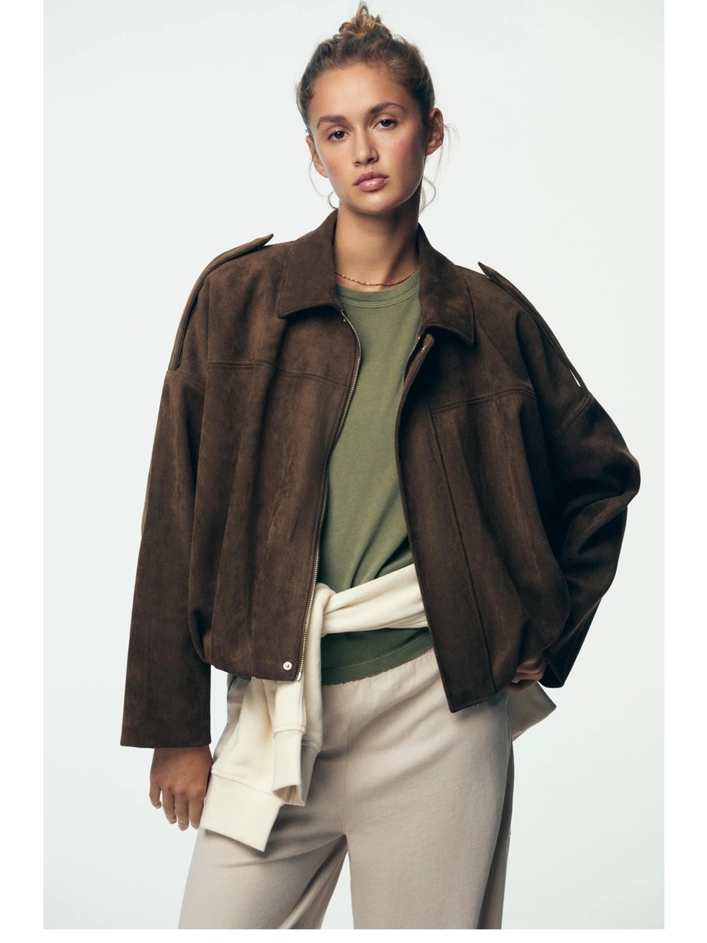 Zara Dark Brown Suede Effect Bomber Jacket